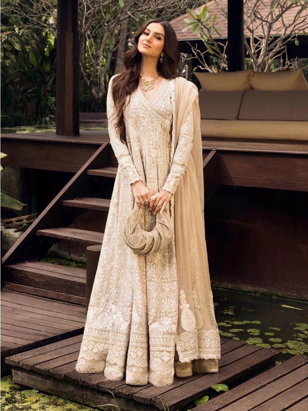 Embroidered beige Long-Sleeve Women's Dress with Dupatta